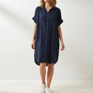 Ophelia Roe Womens 1X Navy Linen Blend Shirt Dress Button Front Short Sleeve